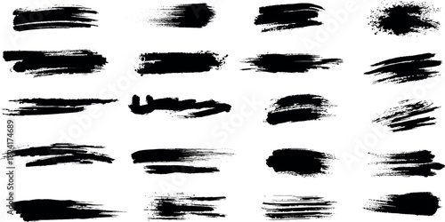 set of grunge ink splashes old stained rough brush set made by various black ink splashed distressed vintage lines.