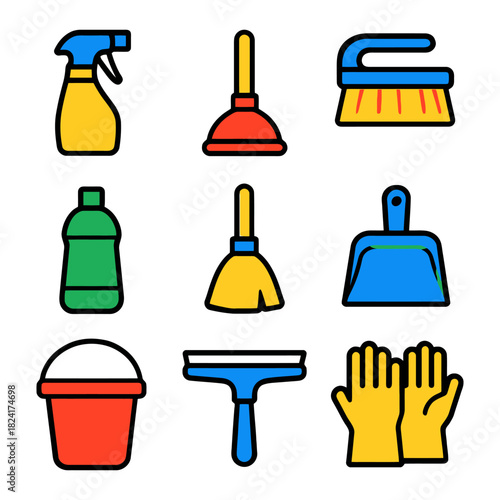 Colorful cleaning tools collection: brushes, broom, dustpan, bucket, scraper, gloves.