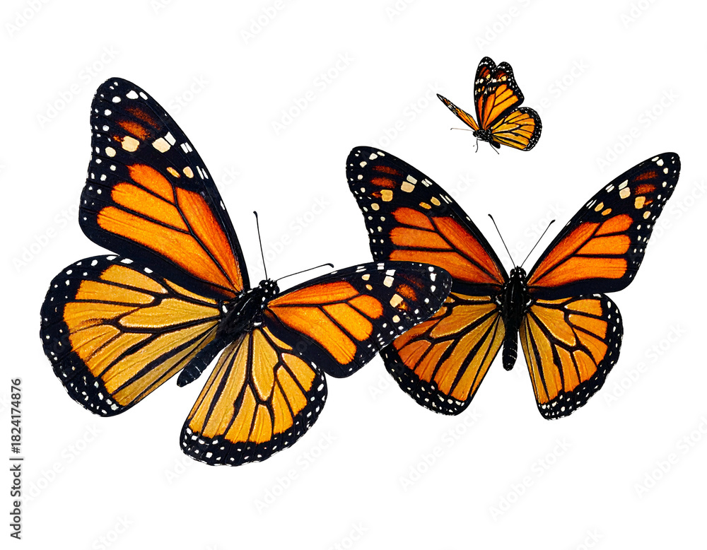 Fototapeta premium Two large and one small orange and black winged insects
