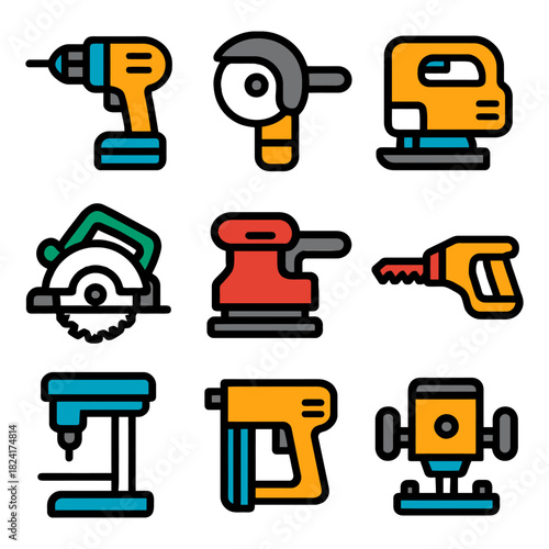 Icons of power tools: drill, saw, sander, jigsaw in vibrant colors.