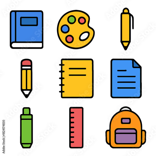 Colorful school supplies set with book, notebook, backpack, and art palette.