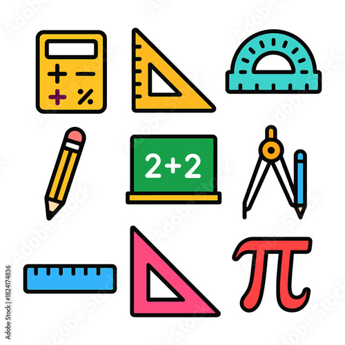Colorful math tools and symbols including calculator ruler and pi.