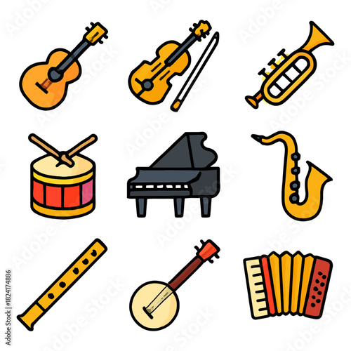 Colorful set of musical instruments including guitar, violin, trumpet, piano, saxophone, drum, flute, banjo, accordion.