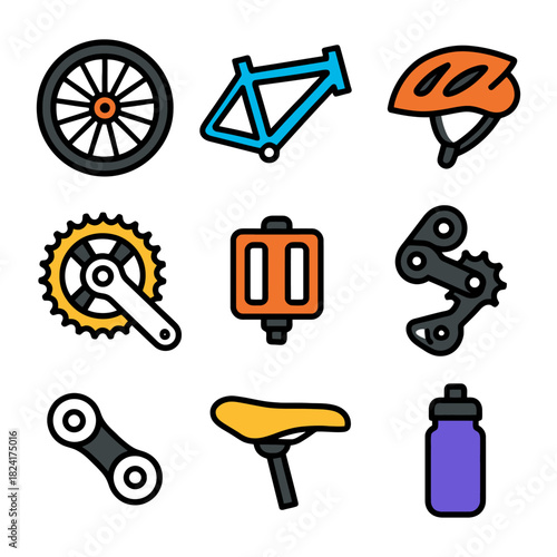 Bicycle parts collection: wheel frame helmet gear pedal chain saddle bottle.