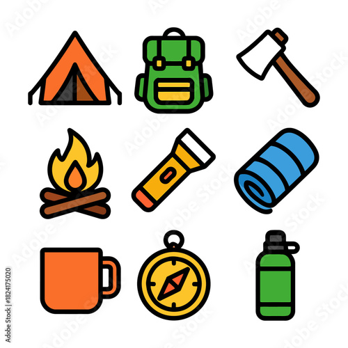 Camping gear icons: tent, backpack, axe, campfire, flashlight, sleeping bag, mug, compass, water bottle.