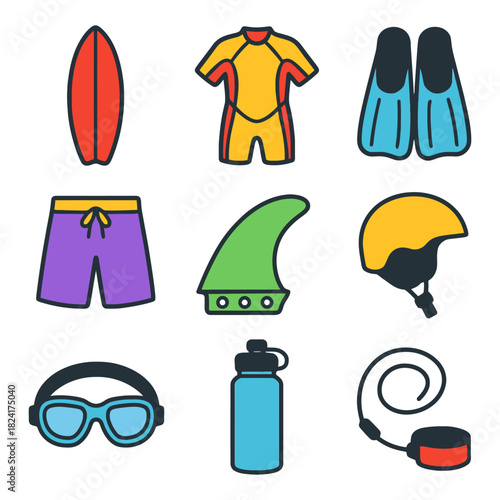 Colorful surfing and dive gear icons collection.