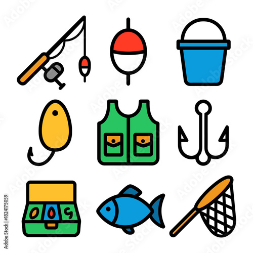 Colorful fishing gear icons: rod, lure, vest, hook, fish, net, bobber, bucket.