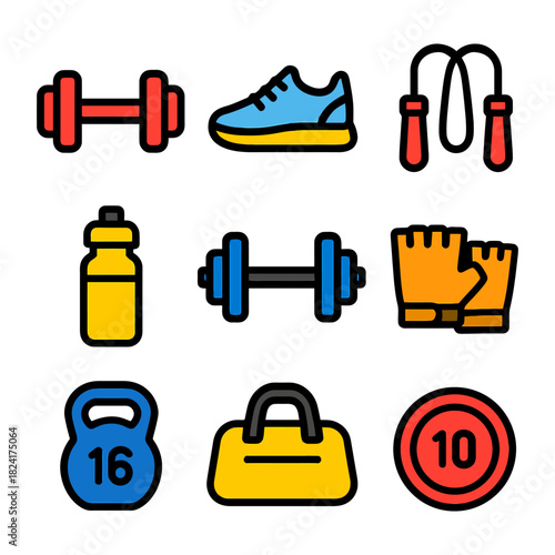 Colorful fitness icons: dumbbell, shoe, jump rope, water bottle, gloves, kettlebell, bag, weight.