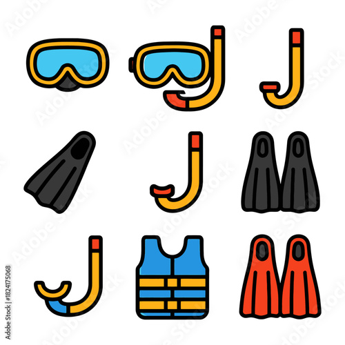 Scuba diving equipment set: snorkel, mask, fins, and life vest icons.
