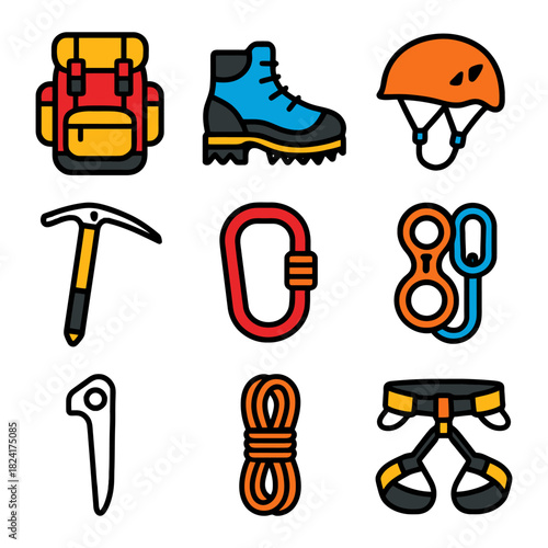 Outdoor adventure gear icons: backpack, boots, helmet, climbing equipment.