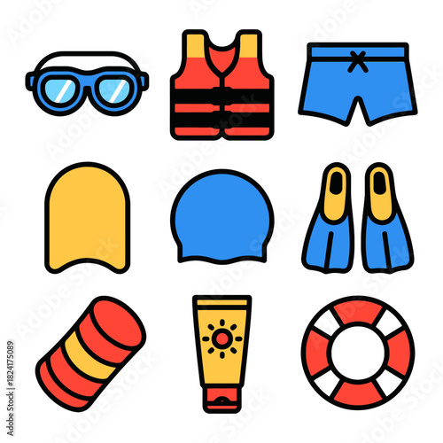 Colorful swimming gear icons: goggles, life vest, swimwear, caps, fins.