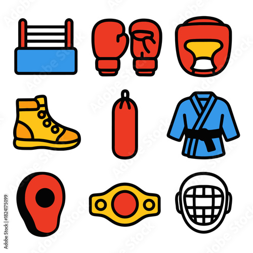 Colorful martial arts training gear and equipment icons collection.