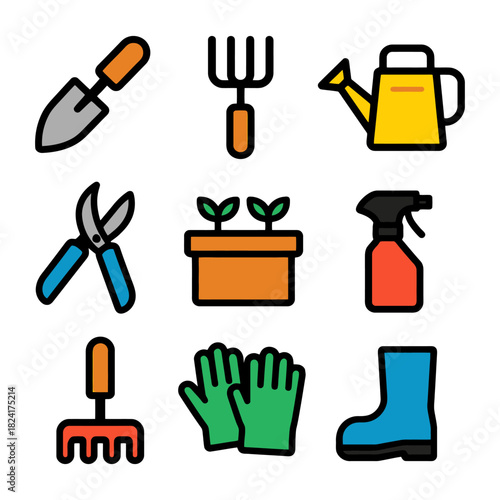 Colorful gardening tools set: trowel, rake, shears, watering can, pot, sprayer, gloves, boots.
