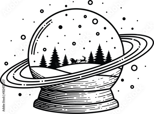A black and white drawing of a christmas snow globe with trees and santa with a ring around it