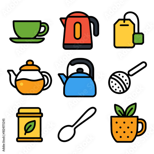 Colorful tea set icons: cups, kettles, infusers, and spoons.