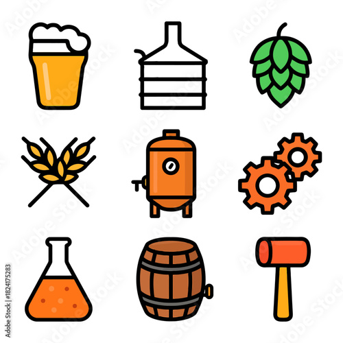 Craft beer brewing icons: pint, hops, barley, barrel, fermentation equipment.