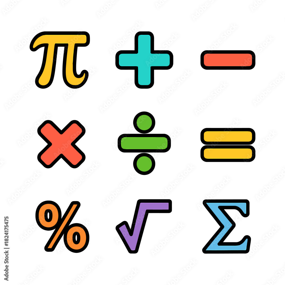 Fototapeta premium Colorful mathematical symbols including pi and operations on white background.