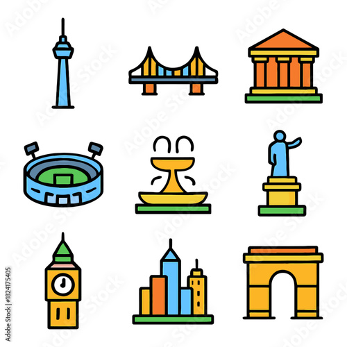 Icon set of famous iconic landmarks and structures in bold colors.