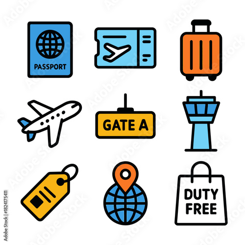 Travel icons: passport, ticket, luggage, plane, gate, control tower, tag, globe, duty free.