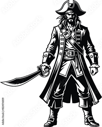 Vector illustration of pirate captain with sword black and white art eps silhouette