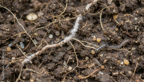 Hidden soil ecosystem with root fungi egg cluster and tiny invertebrate life seen in spring garden
