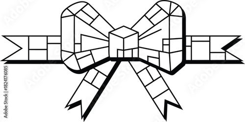 A stylized graphic of a bow with a geometric pattern in black white and gray on a white background