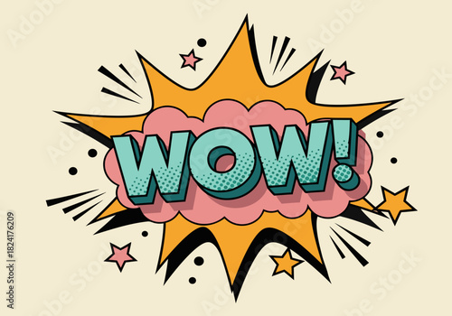Pop Art WOW Explosion Retro Comic Style Speech Bubble with Stars