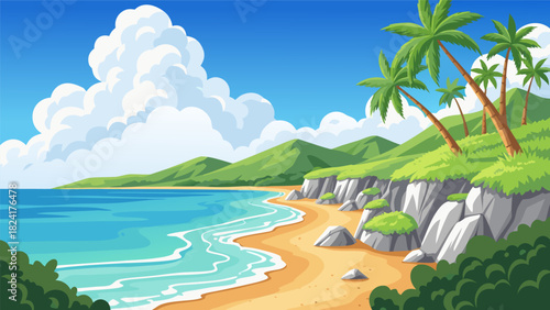 Coastal Paradise Serene Beach Scene with Lush Palm Trees and Rolling Green Hills Under a Sunny Sky