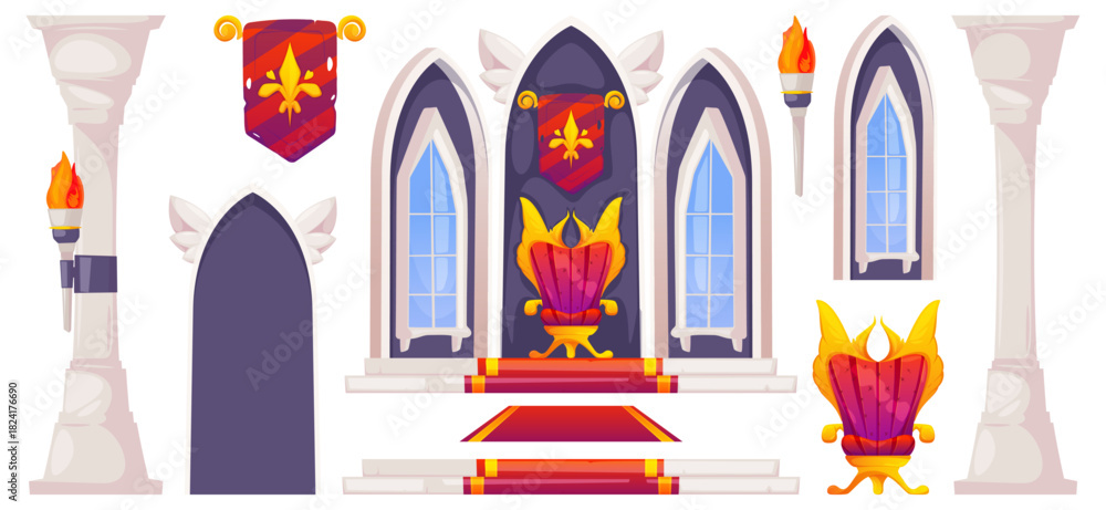 Obraz premium Majestic castle hall set. Vector isolated tall columns adorned with torches and arched windows, decorative banners and flags, luxurious carpeted walkway leading to throne. Fantasy or royal interior