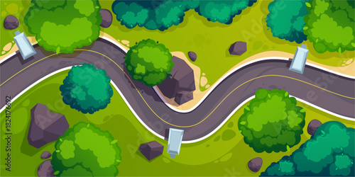 Summer landscape with winding highway. Vector wavy mountain road with meandering curves and horizontal path. Top view of race track for auto rally competition with trees, bushes and stones