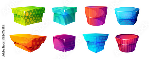 Closed gift boxes in festive wrapping. Vector cartoon decorative packages without ribbons or bows. Celebration or packaging, delivery or holiday design. Cards and web icons, creative design elements