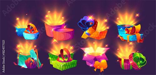 Cartoon open gift boxes with decorative bow. Vector cardboards set of emitting magical glowing light and sparkling elements. Surprise and joy. Special event designs with enchanting effects