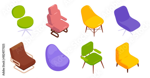 Chair types set in isometric style. Vector isolated office seats with metal legs, cozy upholstered armchair on wooden frames and classic rocking armrests. Interior design and furniture catalogs