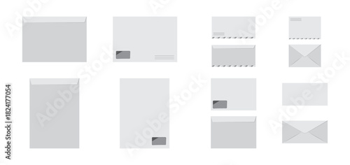 Closed paper envelopes set in various formats, front and back view. Vector isolated sealed letter packets collection. Showcasing postal packaging, branding or stationery mockup designs