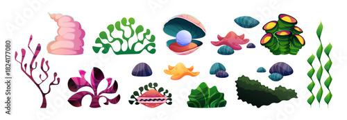 Underwater sea or ocean flora, isolated marine algae and flower plants with leaves and stems. Vector oceanic and aquatic ecosystem elements. Flourishing seaweed and coral, vegetation and stones