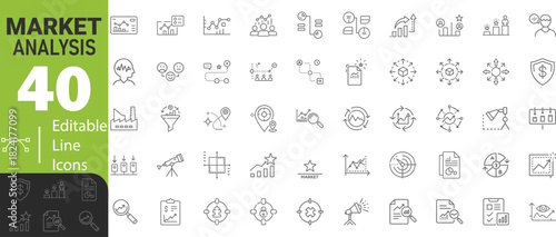Market Analysis Editable In Modern Thin Stroke Line Style Icons set Collection Of Business Related Icons: Company, Budget, Sales And More Isolated On Transparent Background