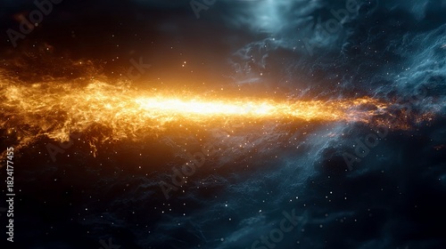 A dramatic cosmic scene depicting a collision of fiery nebulae in the vast expanse of deep space, illuminated by a bright central light and surrounded by dark c