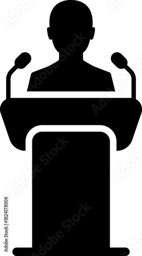 Speakers at podiums, public speaking and presentation icons silhouette. Conference icon. Seminar symbol. TV show hosts or judges. Vector, PNG or JPG