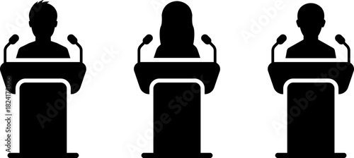Speakers at podiums, public speaking and presentation icons silhouette. Conference icon. Seminar symbol. TV show hosts or judges. Vector, PNG or JPG