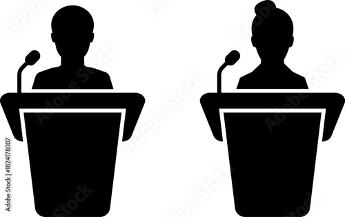 Speakers at podiums, public speaking and presentation icons silhouette. Conference icon. Seminar symbol. TV show hosts or judges. Vector, PNG or JPG