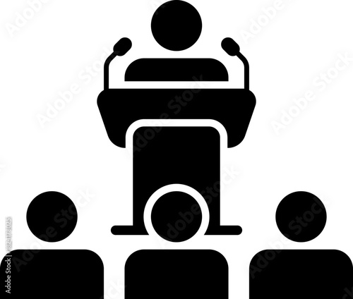 Speakers at podiums, public speaking and presentation icons silhouette. Conference icon. Seminar symbol. TV show hosts or judges. Vector, PNG or JPG