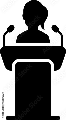 Speakers at podiums, public speaking and presentation icons silhouette. Conference icon. Seminar symbol. TV show hosts or judges. Vector, PNG or JPG