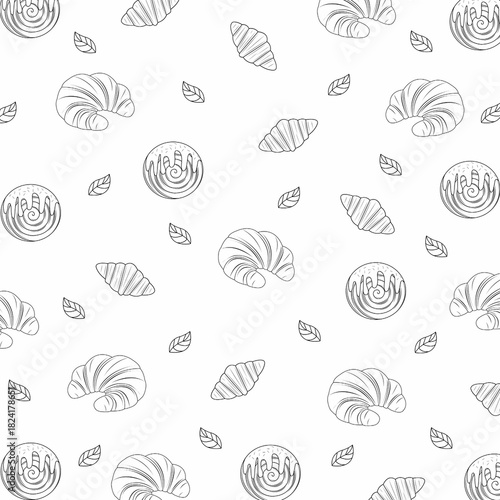 Monochrome Line Art Croissants and Crombolonies Seamless Pattern