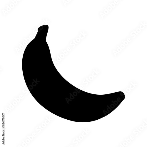 Simple black silhouette of a single banana fruit on transparent background