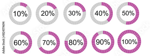 Percentage number icon set vector illustration featuring segmented blue radial pie charts displaying progress from 0% to 100%, perfect for data visualization, infographics, and loading indicators.