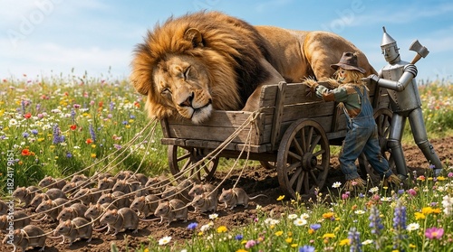 Mice pulling a wagon with a calm mood carrying a sleeping lion helped by the Tin Woodman and Scarecrow, fairytale scene from The Wonderful Wizard of Oz (1900) in a storybook setting