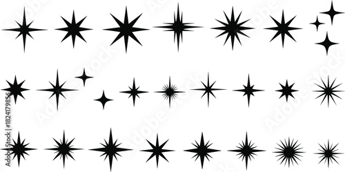 Black starburst icon grid, decorative burst shapes, abstract spark symbols, symmetrical sunburst graphics, radial design elements, visual accents