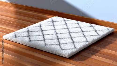 A fluffy white rug with a grey diamond pattern lies on a polished wooden floor, with soft light casting shadows.