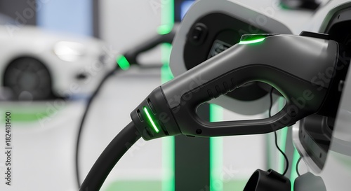 Close-up view of an electric vehicle charging at a public station with green indicator lights.