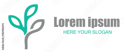 Stylized plant leaf logo design in teal and grey with placeholder text lorem ipsum and here your slogan, isolated on white background